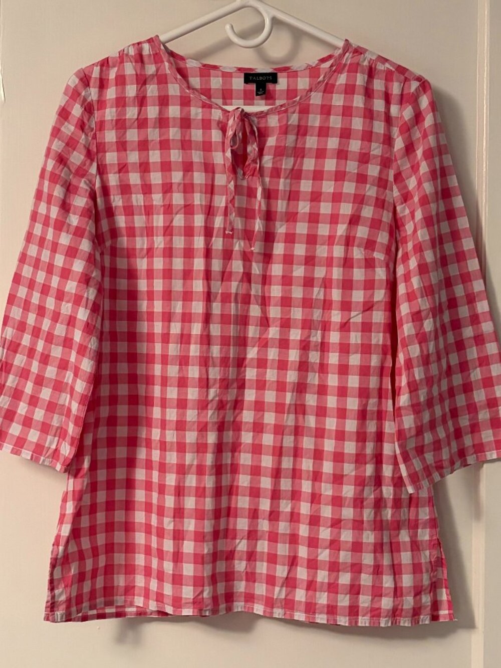 Talbots pink gingham plaid popover blouse size small boxy preppy picnic girly